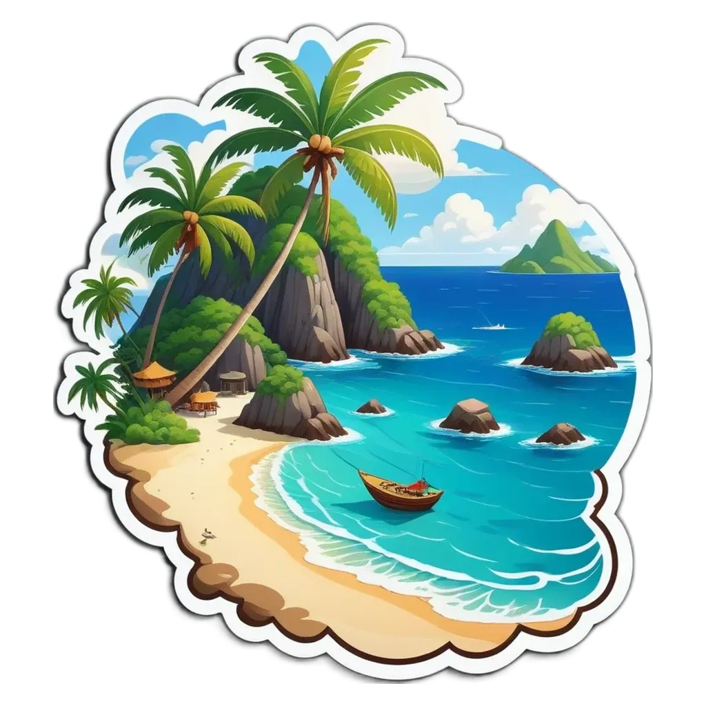 A cartoon of a beach with a boat on the water.