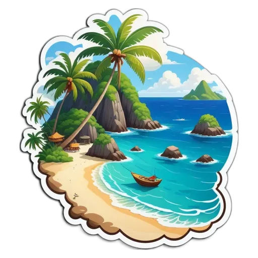 A cartoon of a beach with a boat on the water.