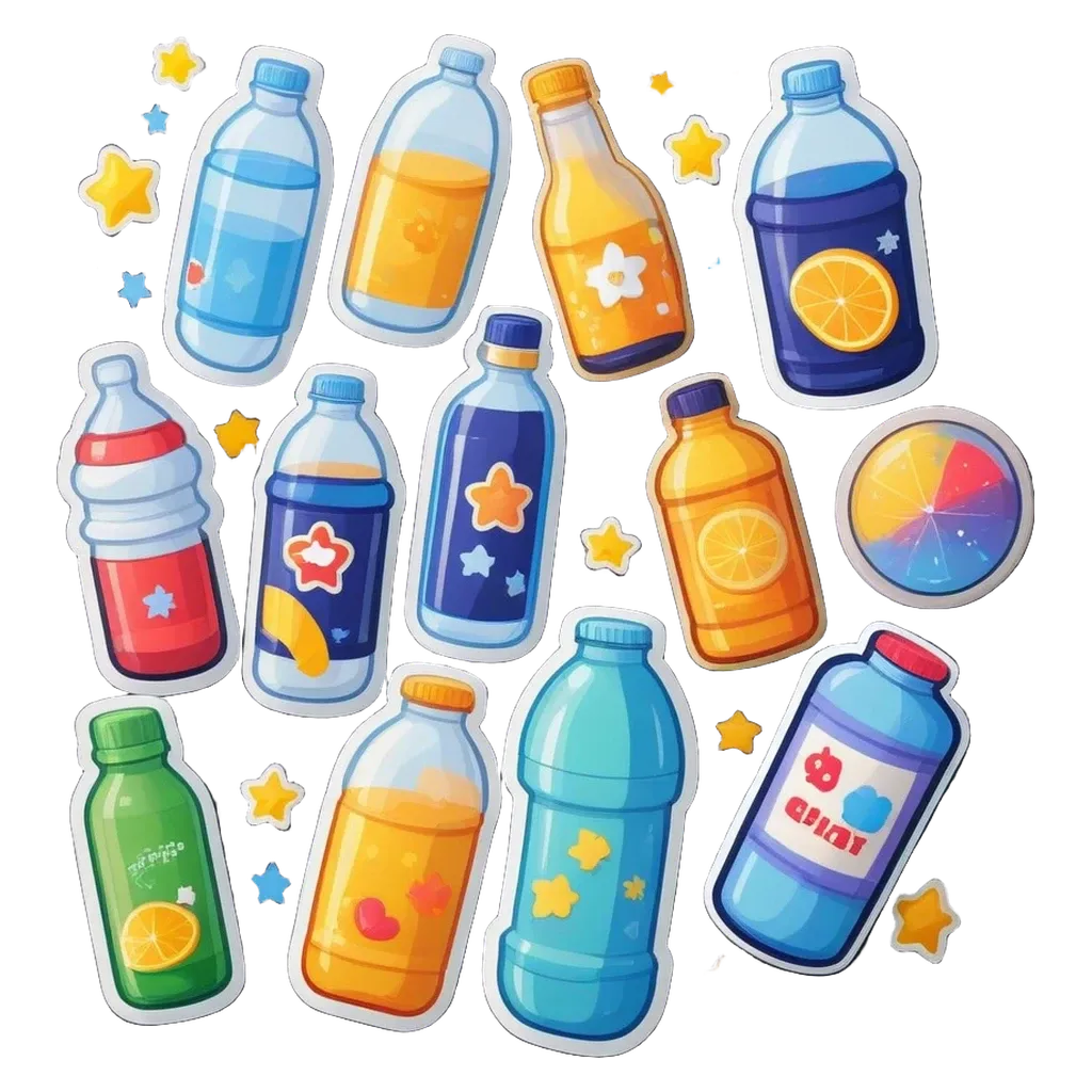 A collection of cartoon beverage bottles including some that are not in the collection.