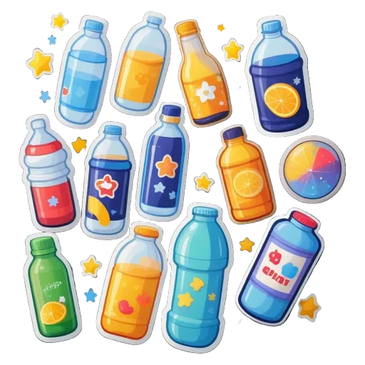 A collection of cartoon beverage bottles including some that are not in the collection.