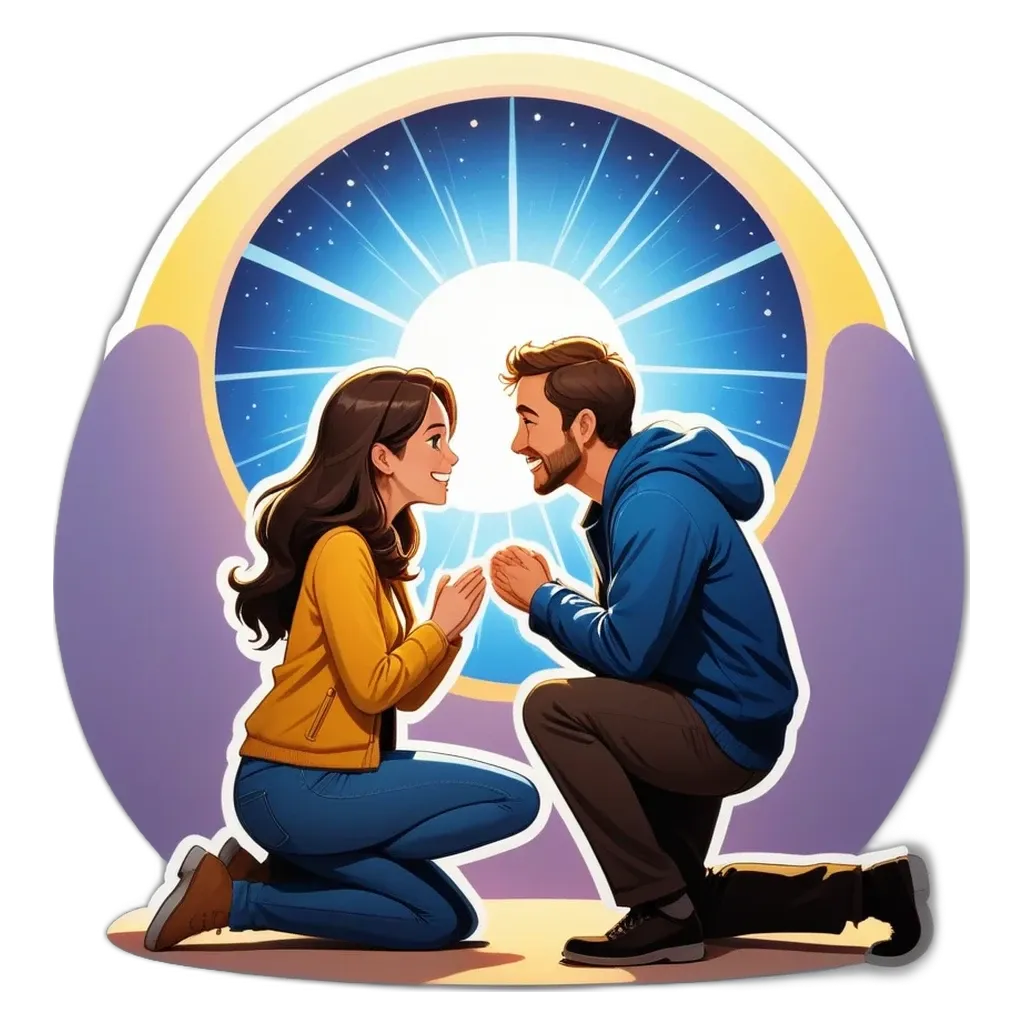 A man and woman in love kneeling down and holding hands.