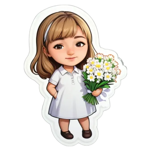 A sticker of a girl holding flowers that is colored light blue.