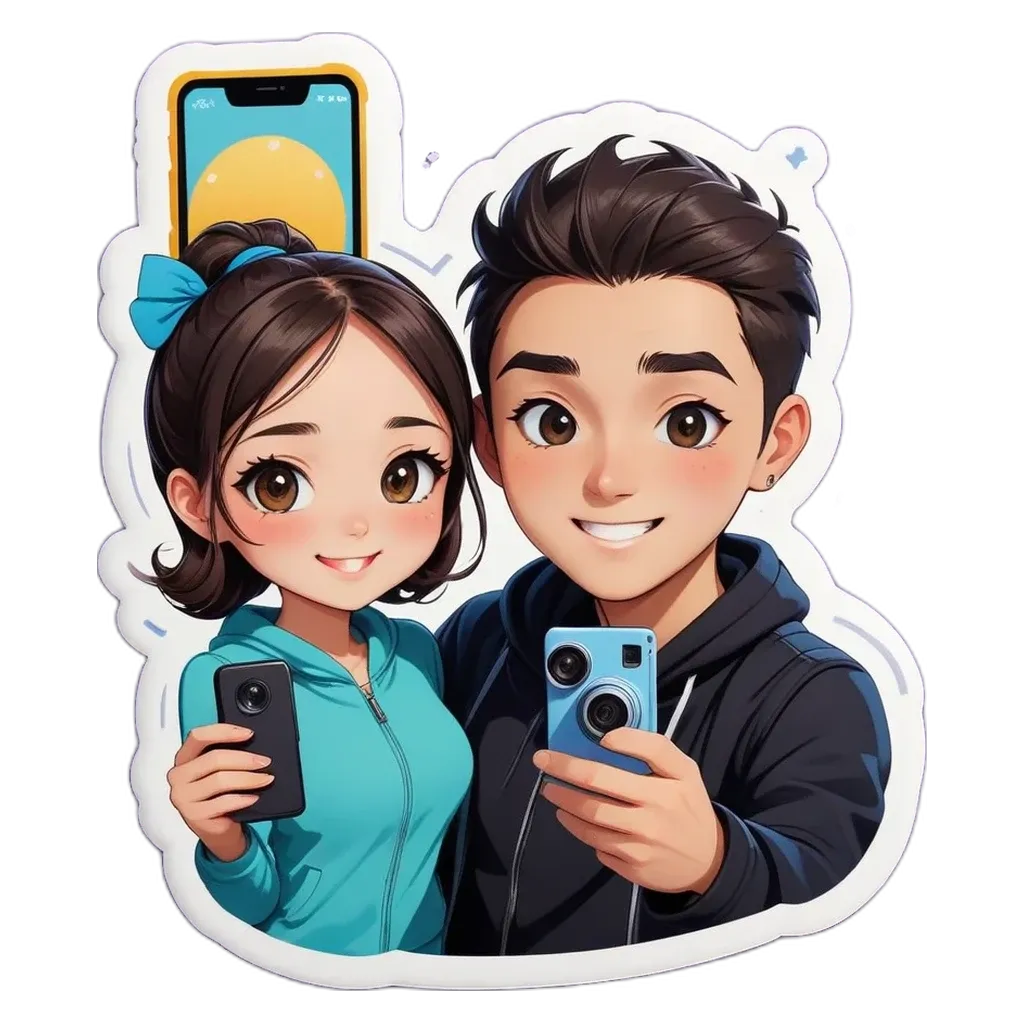 A boy and girl holding cameras against a black and white background.