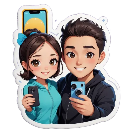 A boy and girl holding cameras against a black and white background.