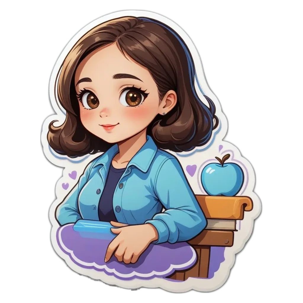 A girl is sitting at a desk with an apple and an umpire's bat.