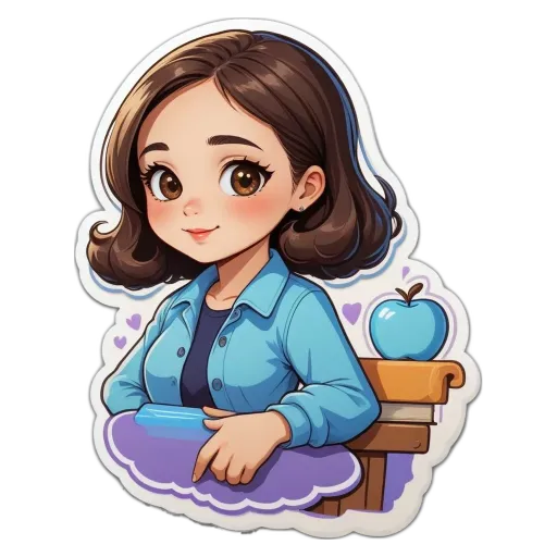 A girl is sitting at a desk with an apple and an umpire's bat.