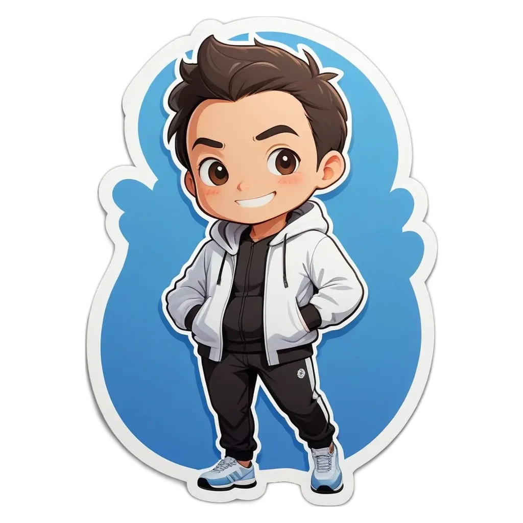 A boy wearing a white jacket is standing with his hands in his pockets.