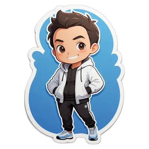 A boy wearing a white jacket is standing with his hands in his pockets.