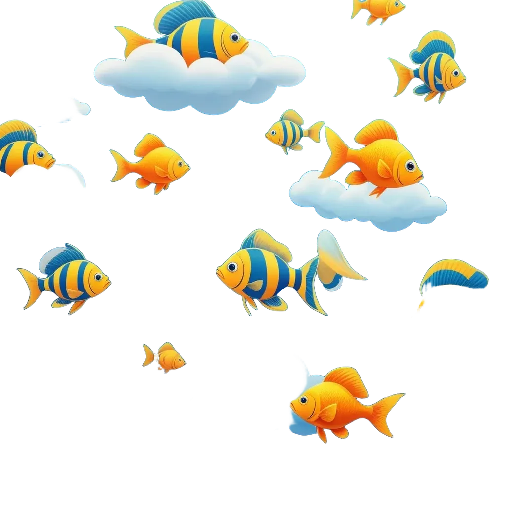 A number of fish swimming through the air as they are depicted on a cloudy day.