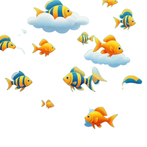 A number of fish swimming through the air as they are depicted on a cloudy day.