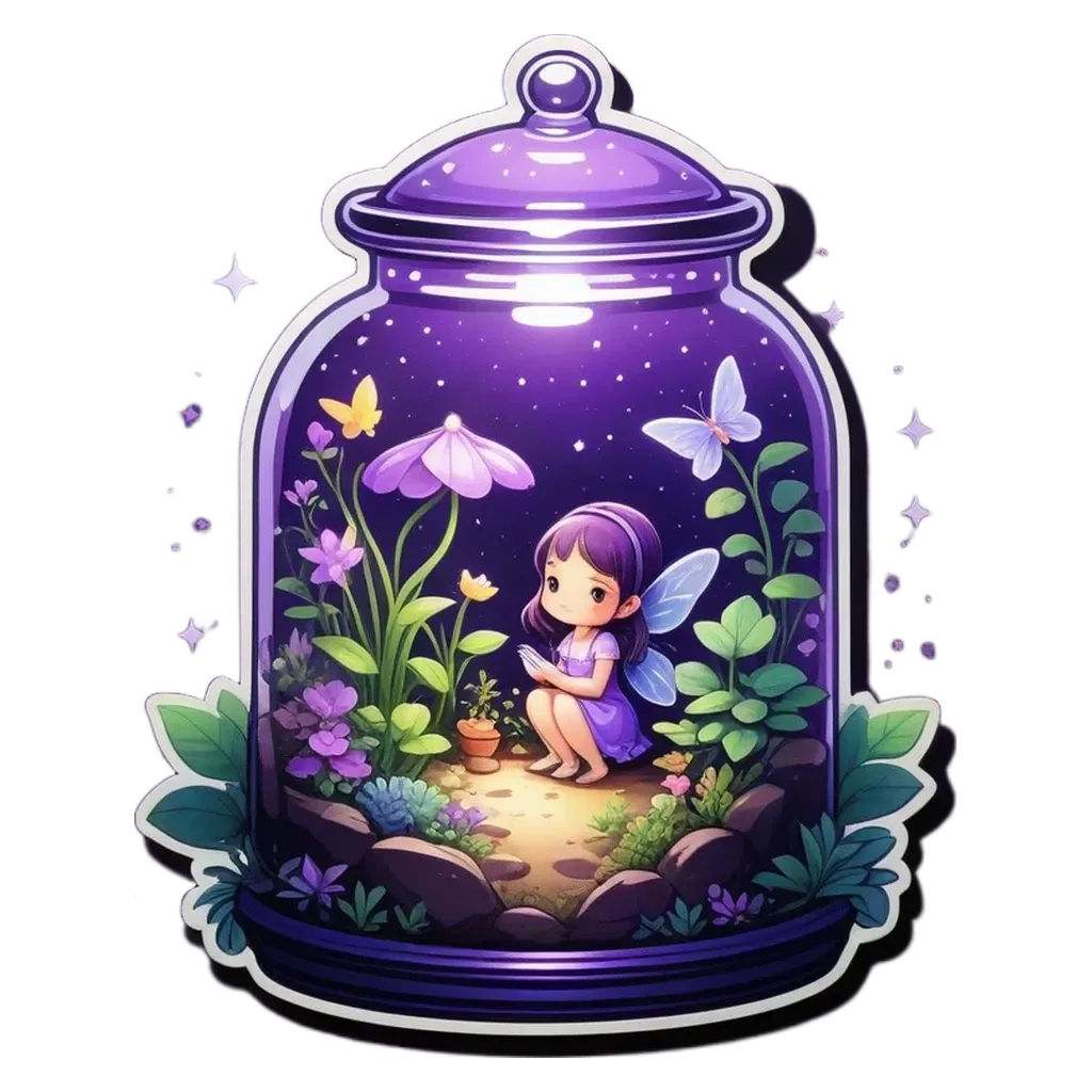 A fairy in a jar with flowers sitting on the ground.