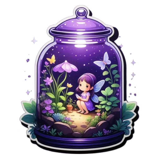 A fairy in a jar with flowers sitting on the ground.