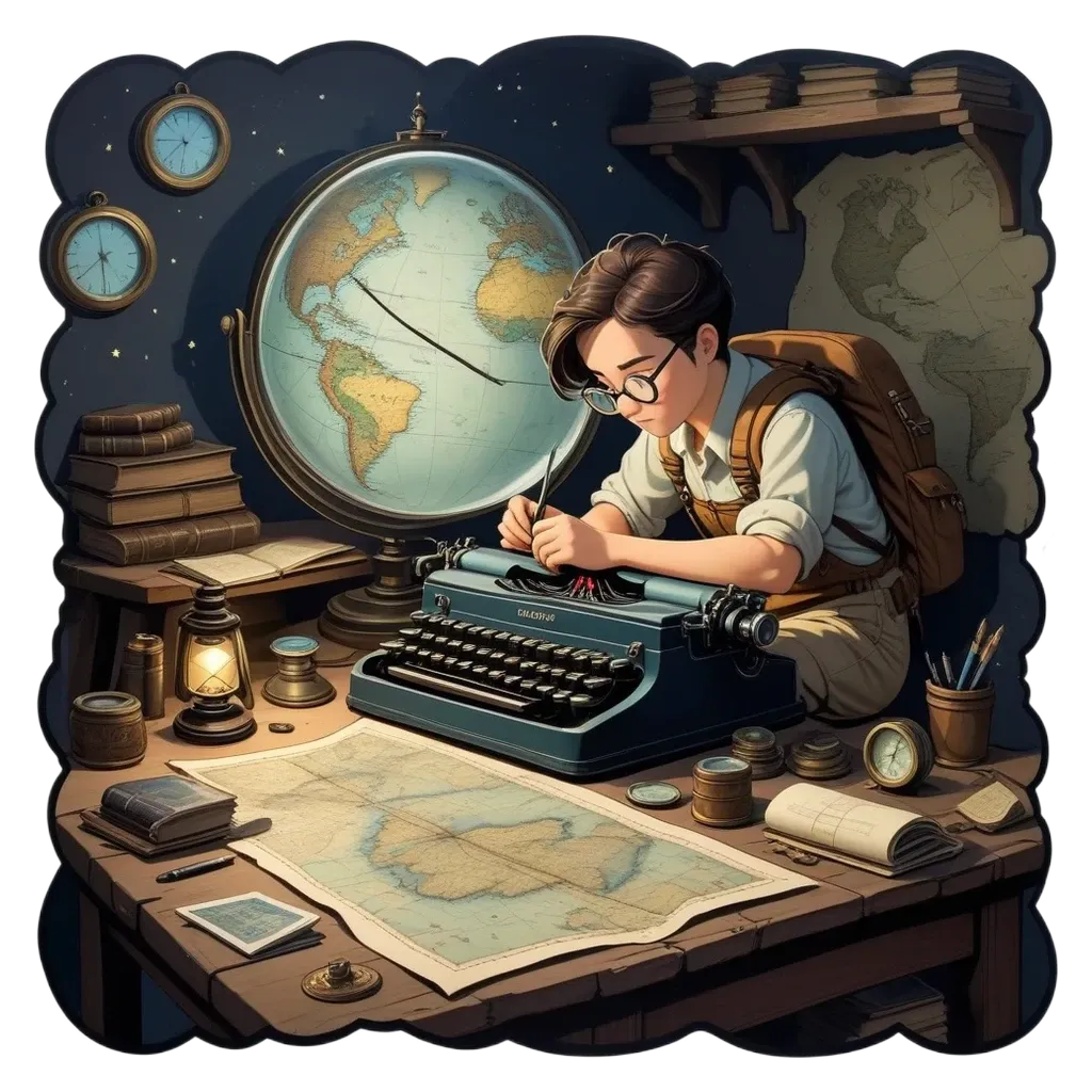 A boy writing on a typewriter with a map in front of him.