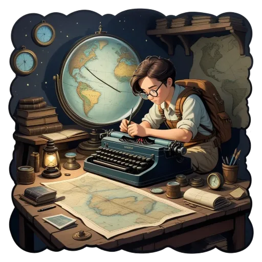 A boy writing on a typewriter with a map in front of him.