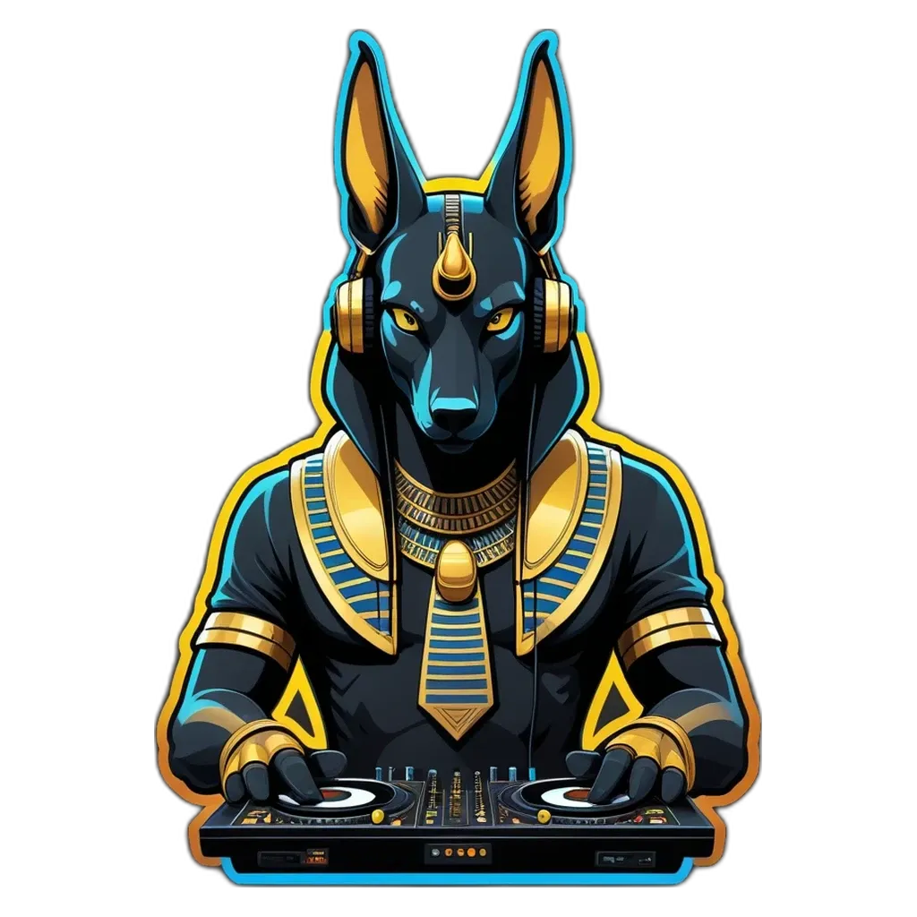 A graphic of an Egyptian Gods man with headphones.