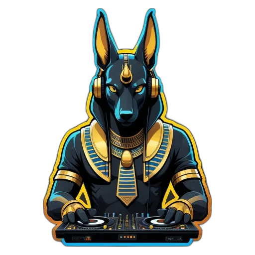 A graphic of an Egyptian Gods man with headphones.