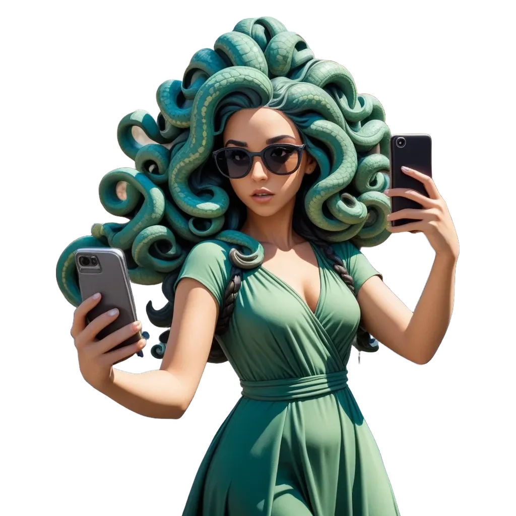 A woman with green hair is holding a cell phone in front of her face.