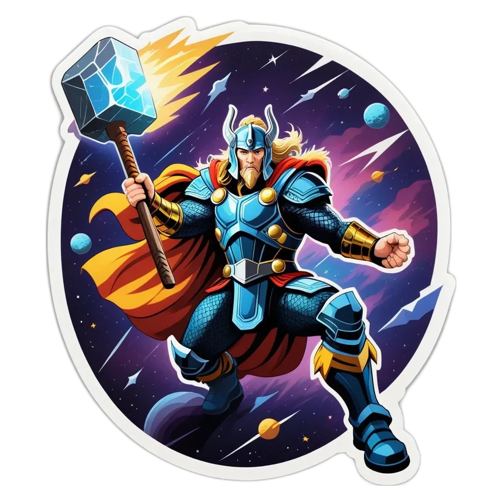 A Thor like sticker with ice and space around him.