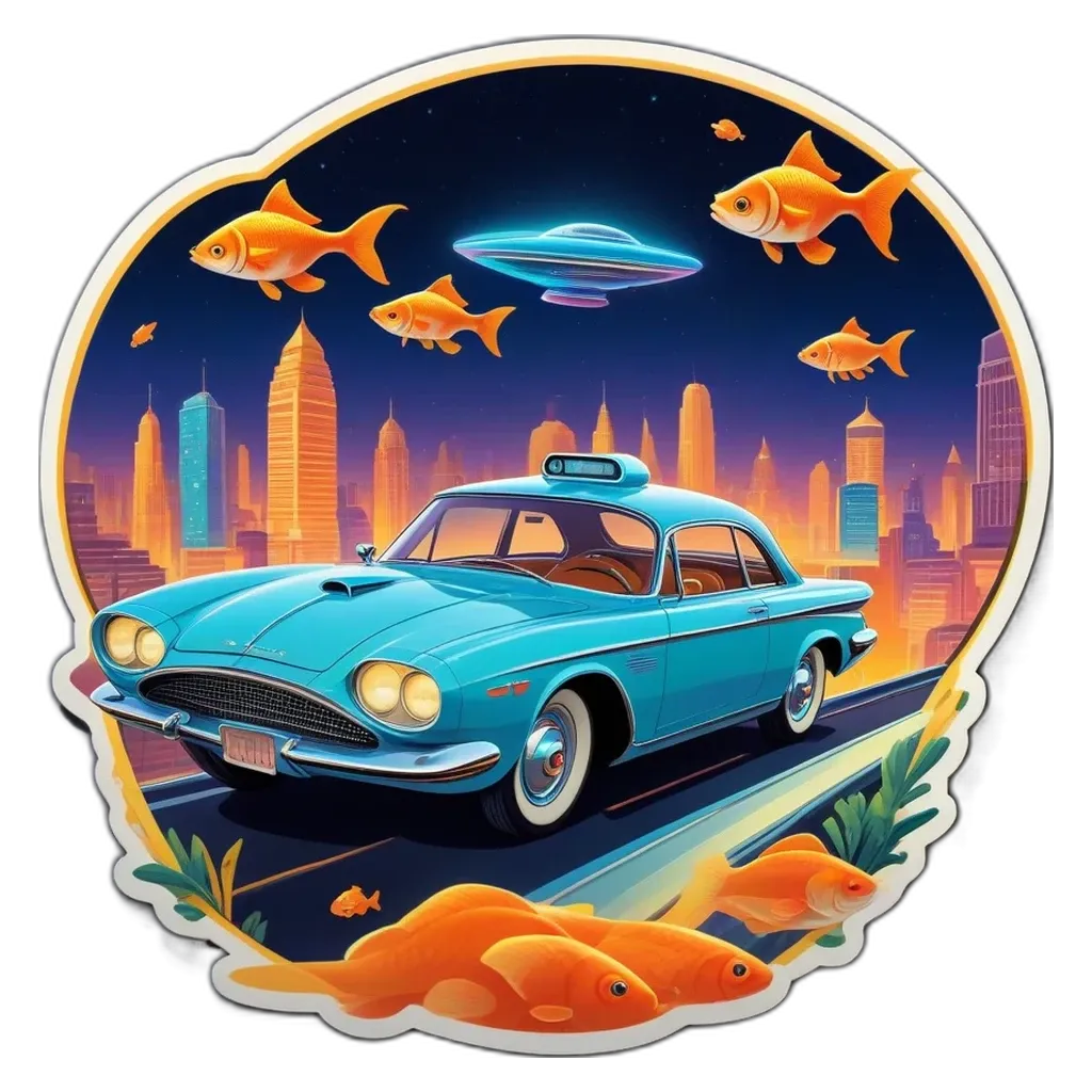 A blue car in the middle of the road with fish in the front and an alien in the back.
