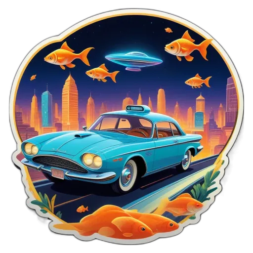 A blue car in the middle of the road with fish in the front and an alien in the back.