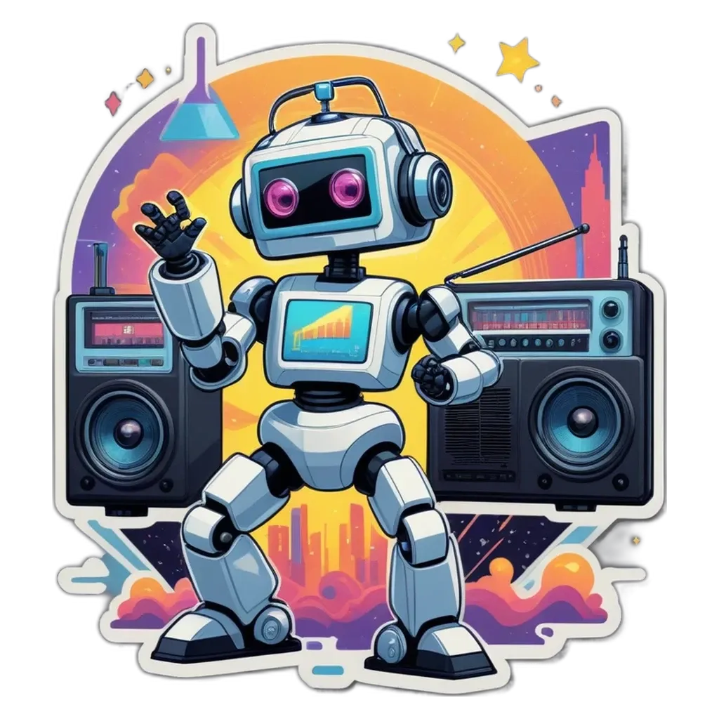 A robot with a black background is holding a radio.