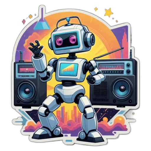 A robot with a black background is holding a radio.