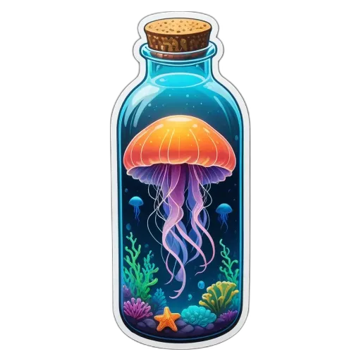 A sticker of a bottle with jellyfish on it is on a black background.