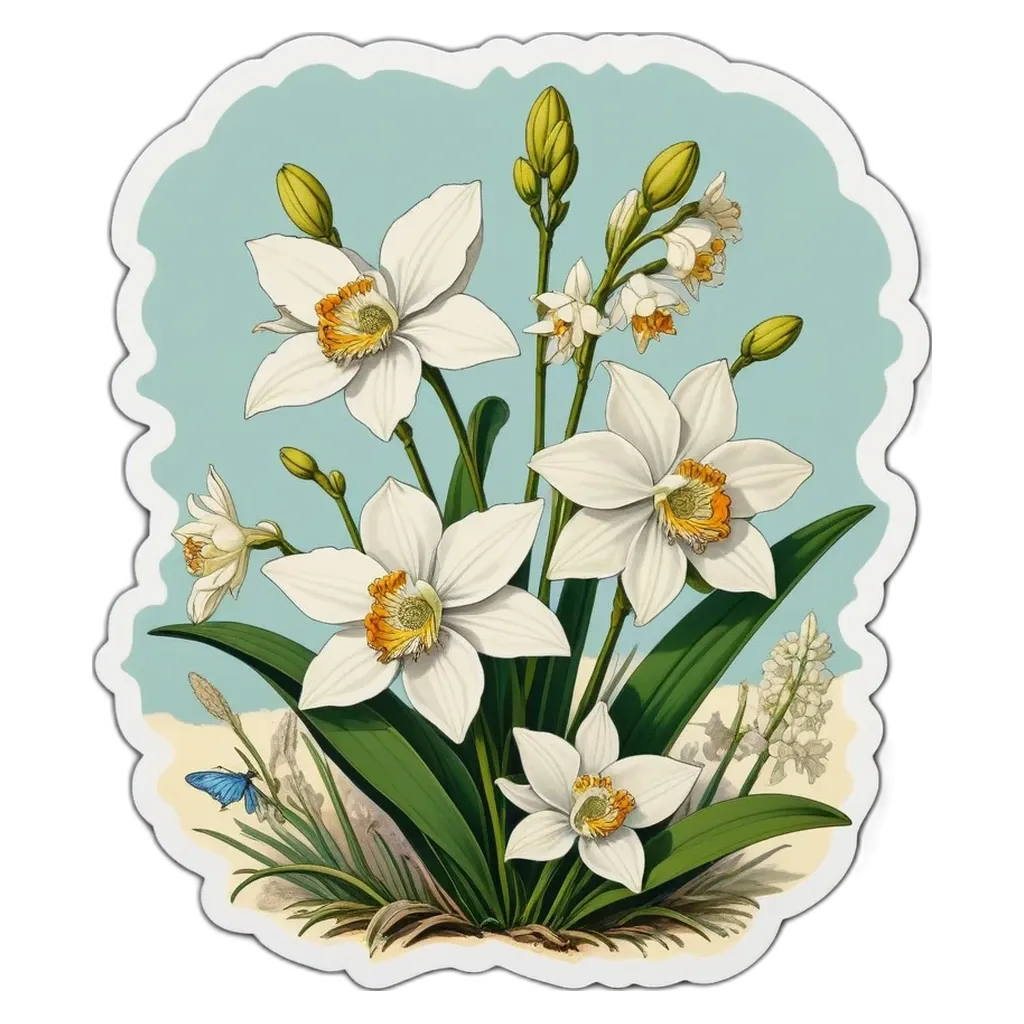A flower with yellow centers and white petals is in a blue and white frame.