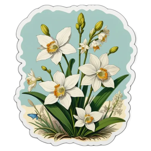 A flower with yellow centers and white petals is in a blue and white frame.