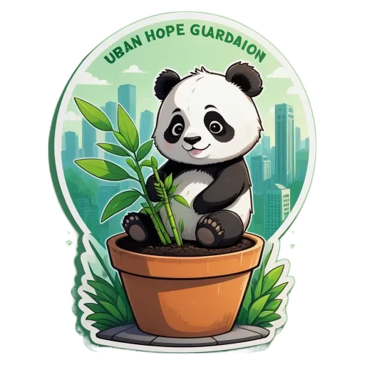 A panda bear in a planter on a sticker that says Urban Hope Gildon.