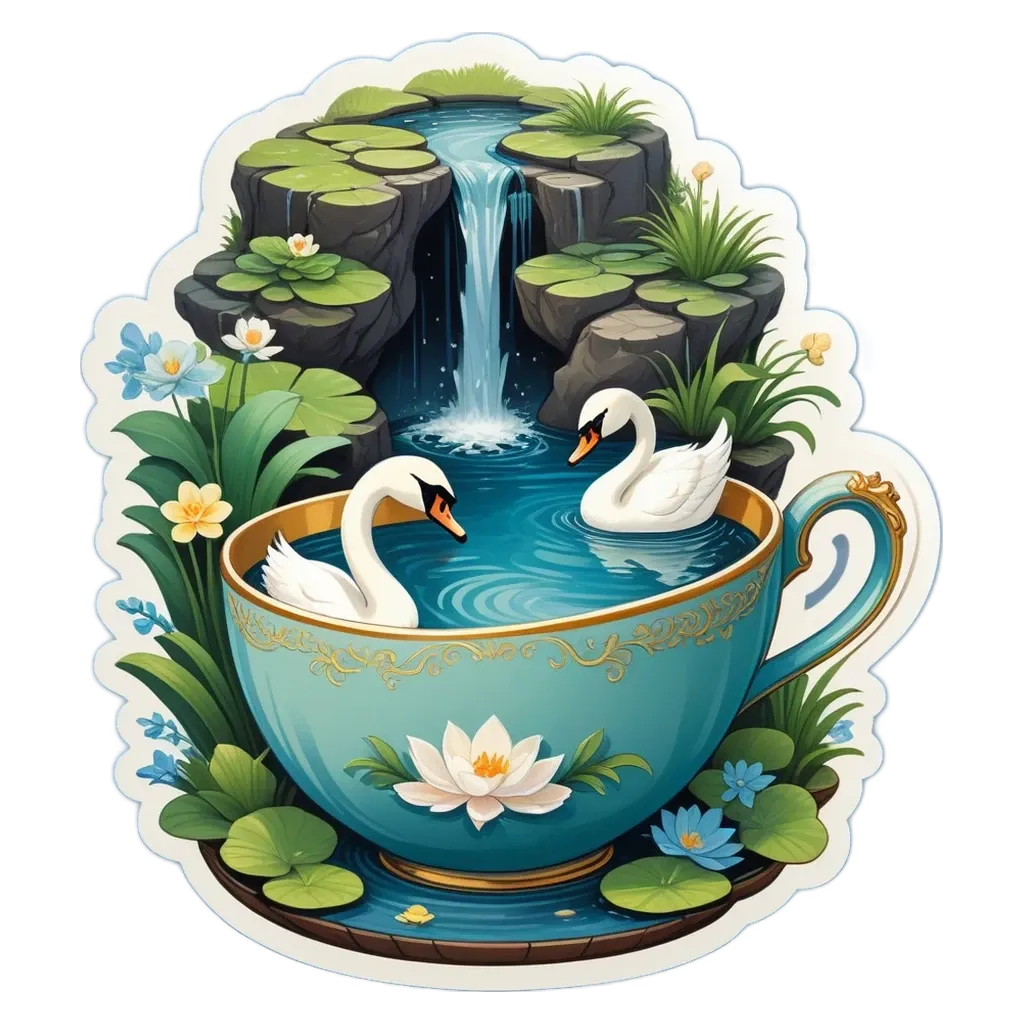 A cup with two swans in it that is on a table.