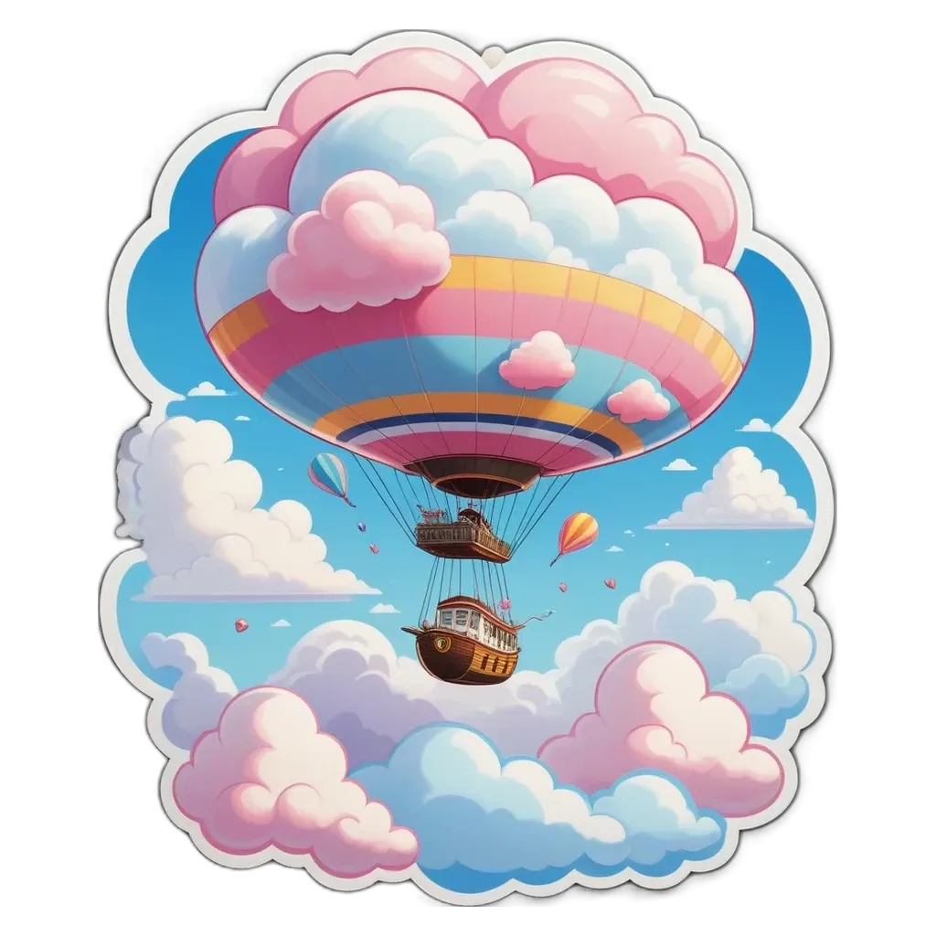 A cartoon of a ship flying through the sky with a hot air balloon.