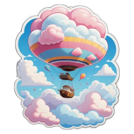 A cartoon of a ship flying through the sky with a hot air balloon.