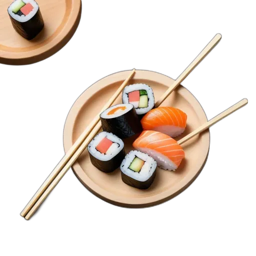A plate of sushi with wooden chopsticks.
