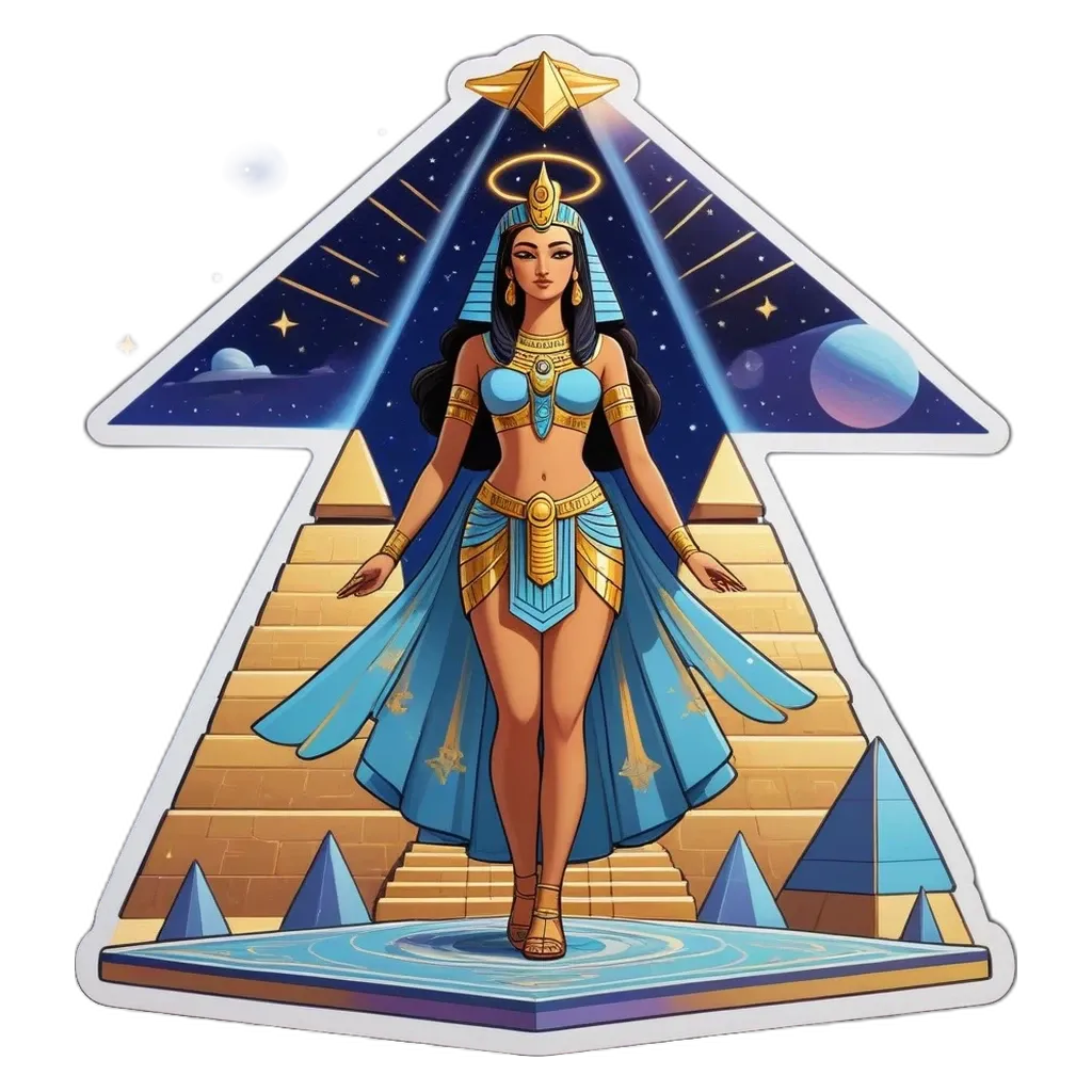 A woman standing on a pyramid with the Earth and the sky above her.