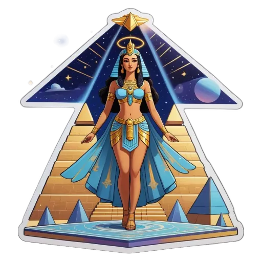 A woman standing on a pyramid with the Earth and the sky above her.