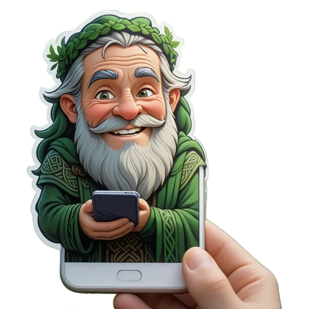 An old man holding a cell phone a the cartoon character.
