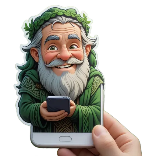 An old man holding a cell phone a the cartoon character.