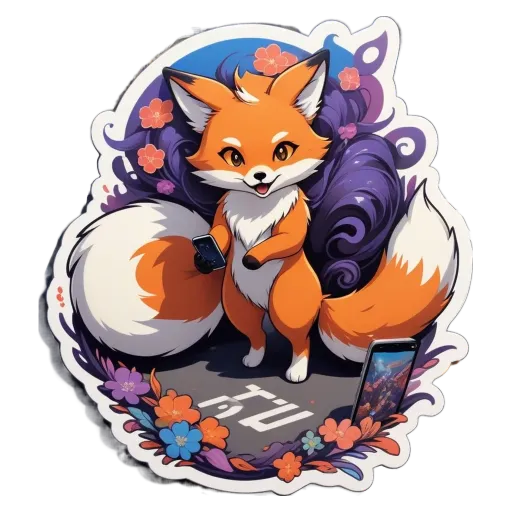 A fox with a cell phone in its paws standing on a black background.