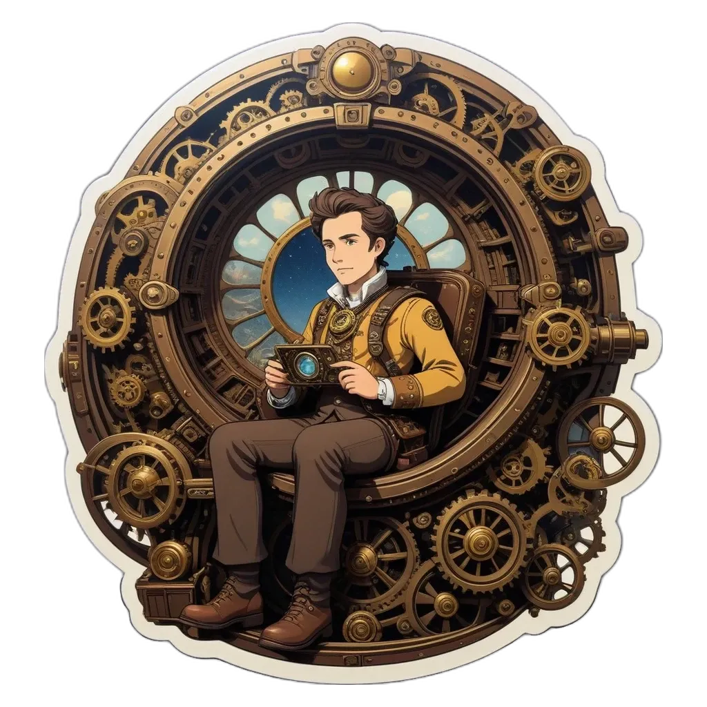 A man is sitting in the middle of a circle with gears all around him.