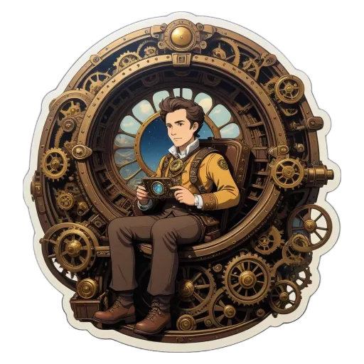 A man is sitting in the middle of a circle with gears all around him.