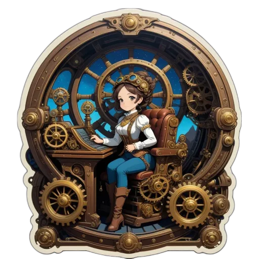 A girl is at a desk with a steampunk themed sticker on the wall behind her.