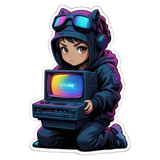 a boy in goggles holding a retro video game console.