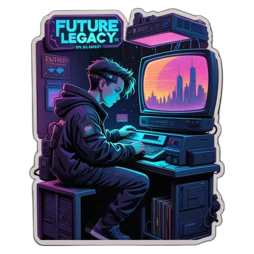 A boy is using a computer in a future legacy sticker.