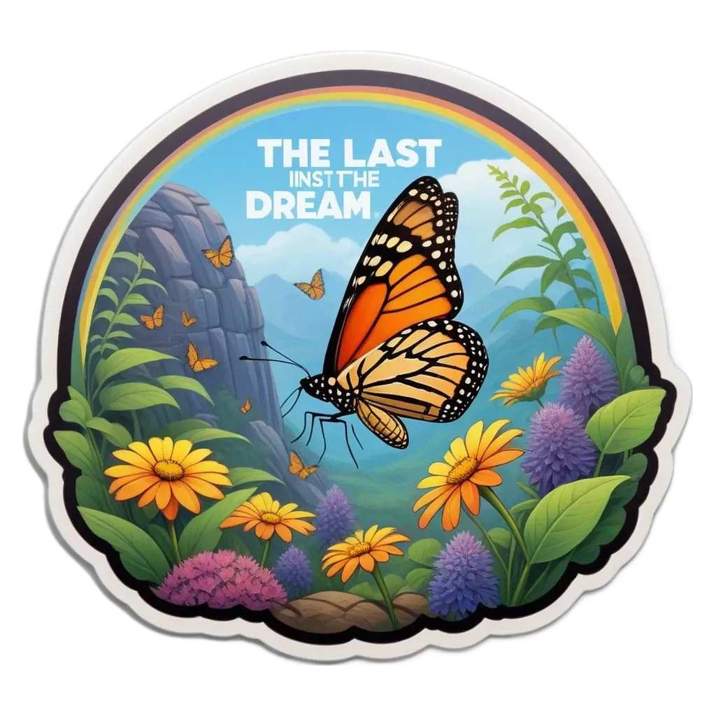 A butterfly in front of a rainbow saying the last in the dream.