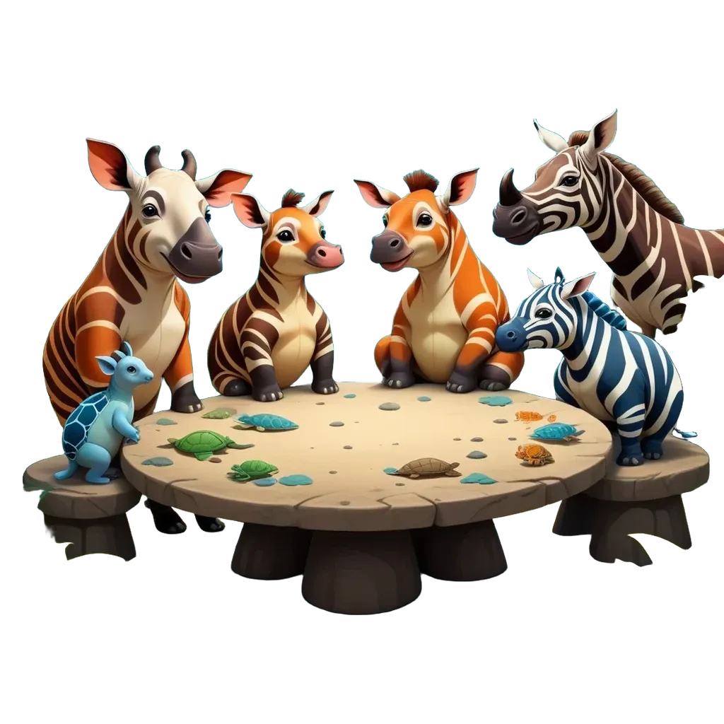 Animals sitting around a table in a picture.