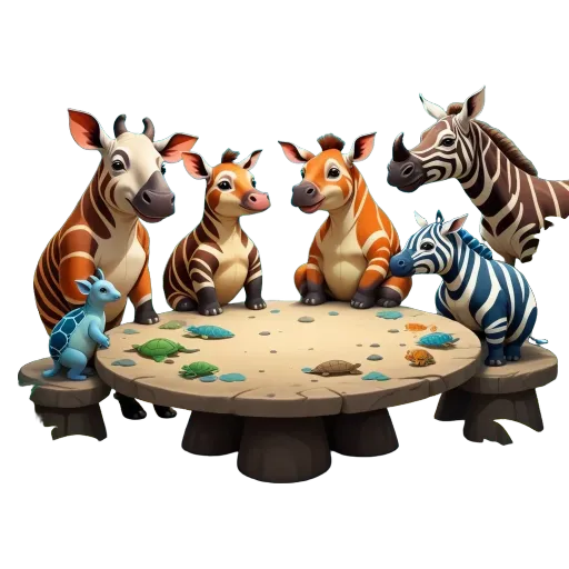 Animals sitting around a table in a picture.