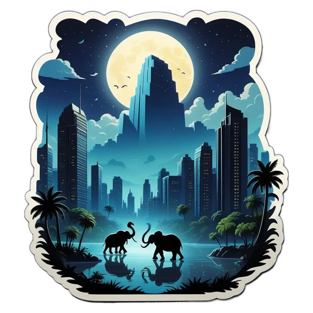 Two elephants standing in a river with a city in the background.