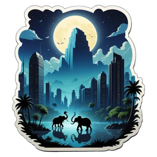Two elephants standing in a river with a city in the background.