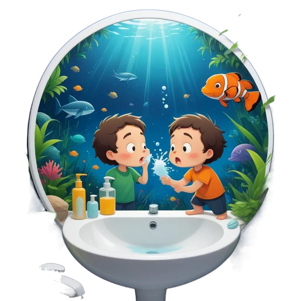 A sink with two boys and a fish on the wall.